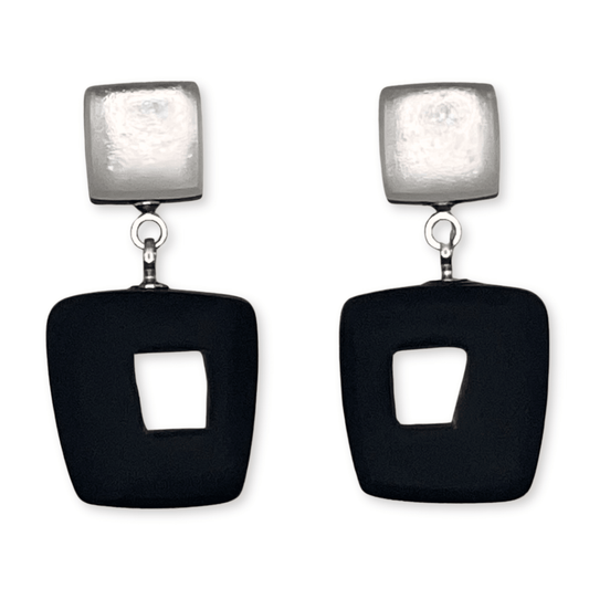 Black Hollow Squares Matte Double Drop Stud Earrings | The Jewellery Stop