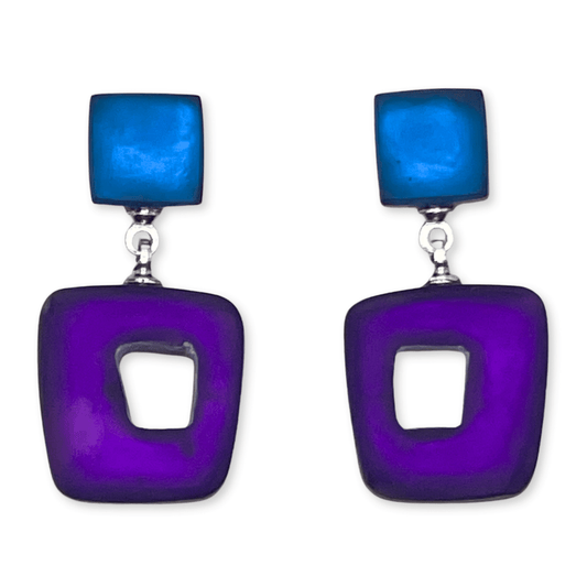 Peacock Hollow Squares Matte Double Drop Stud Earrings | The Jewellery Stop