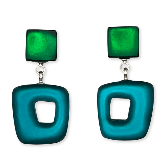 Verdigris Hollow Squares Matte Double Drop Stud Earrings | The Jewellery Stop