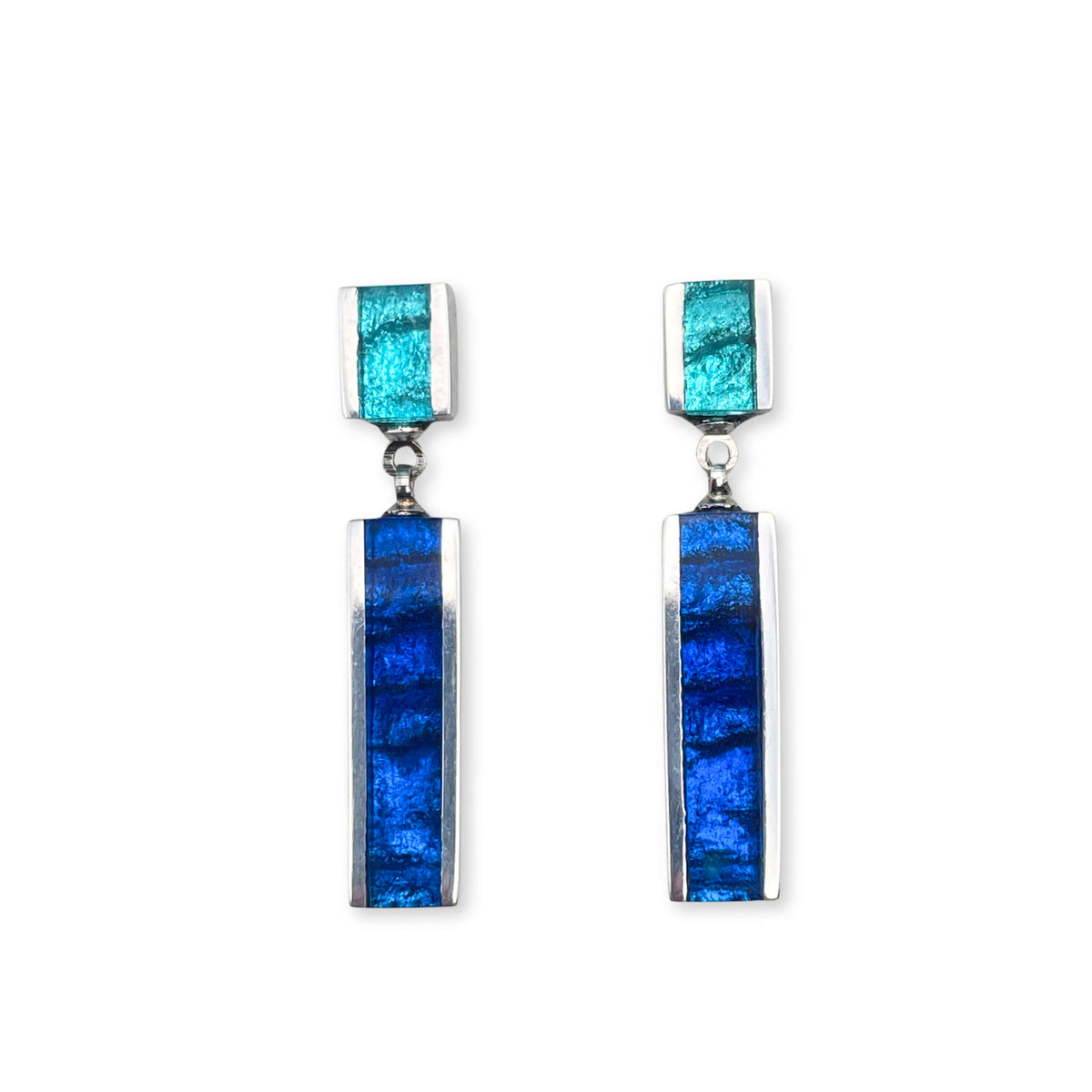 Turquoise Ribbons Shiny Double Drop Stud Earrings