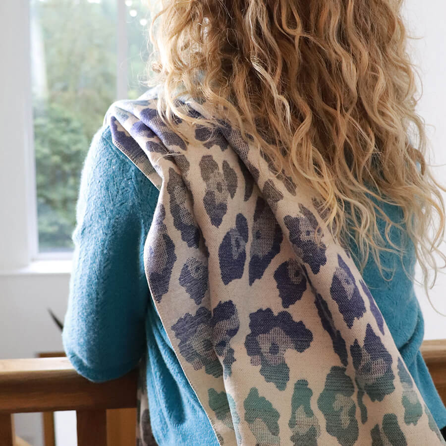 Reversible Ombre Blue Mix Leopard Print Scarf | The Jewellery Stop
