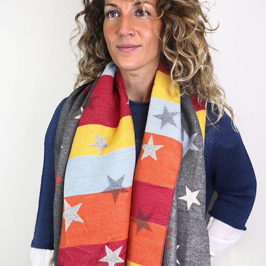 Grey And Multicoloured Reversible Star Jacquard Scarf | The Jewellery Stop