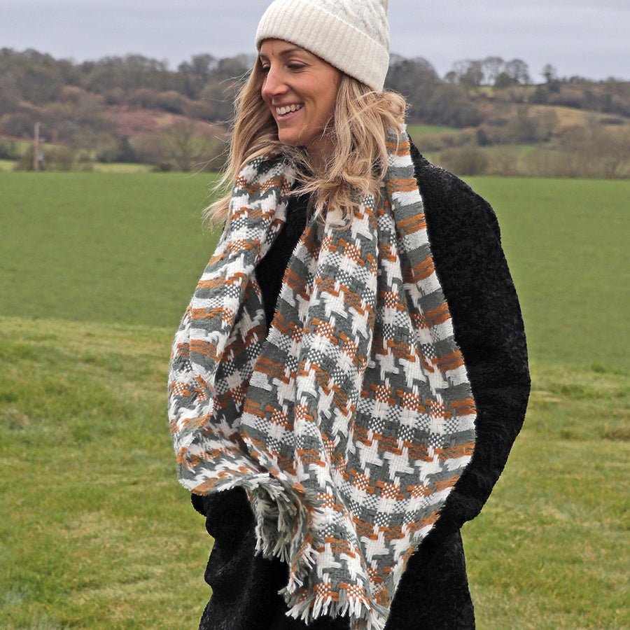 Olive And Mustard Dogtooth Check Woven Scarf | The Jewellery Stop
