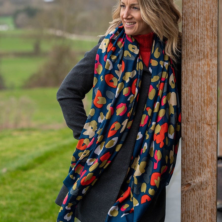 Teal Scarf With Olive And Orange Abstract Camo Print | The Jewellery Stop