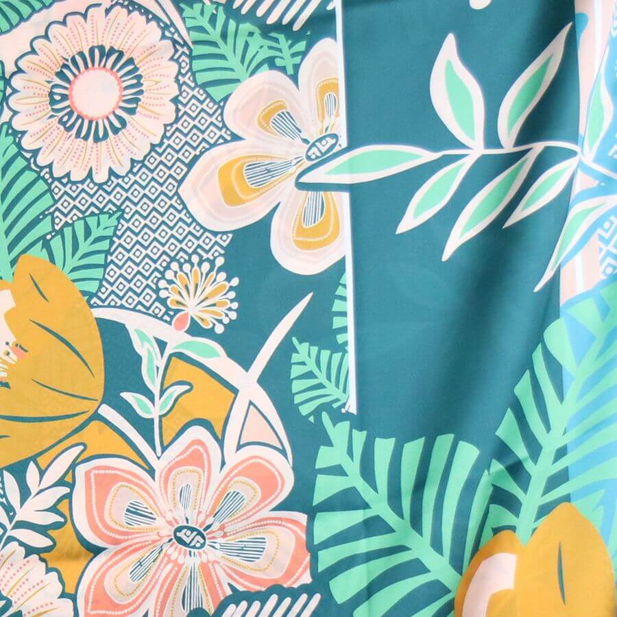 Teal, Orange and Aqua Tropical Floral Print Silk Feel Scarf | The Jewellery Stop