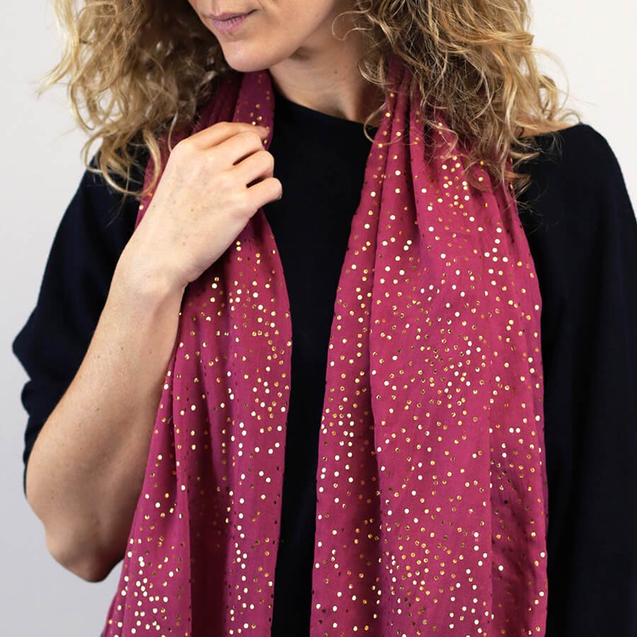 Magenta Scarf With Gold Speckle Foil Print | The Jewellery Stop