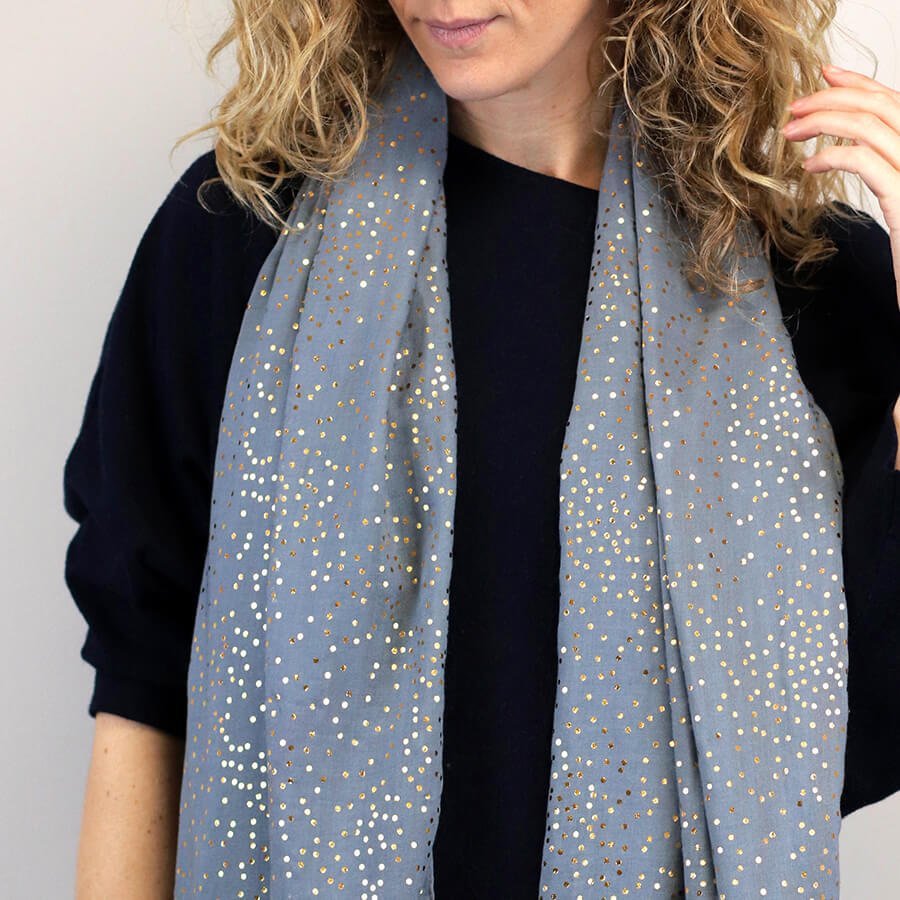 Dove Grey Scarf With Gold Speckle Foil Print | The Jewellery Stop
