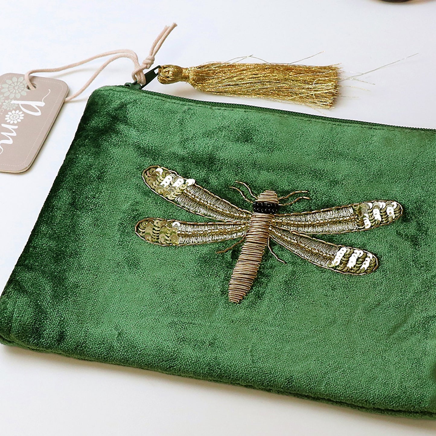 Green Velvet Embroidered Dragonfly Purse | The Jewellery Stop