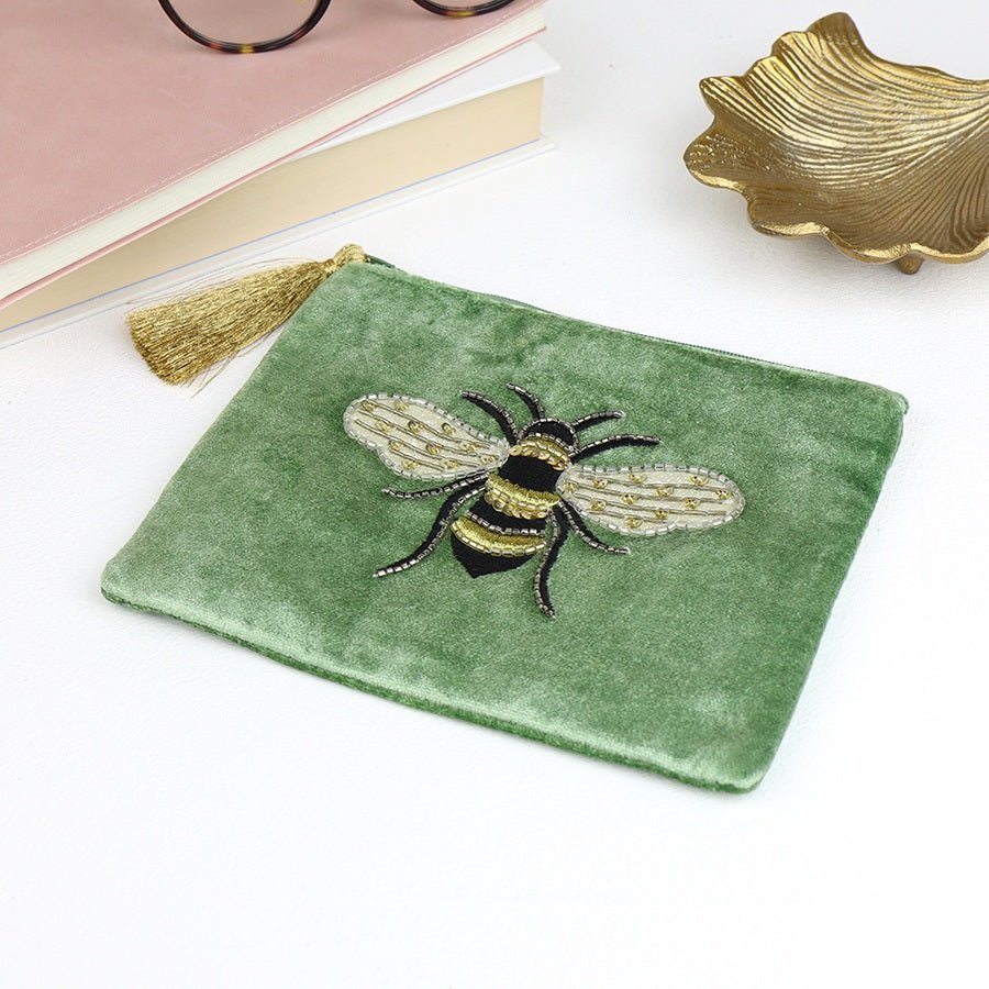 Green Velvet Embroidered Bee Purse | The Jewellery Stop