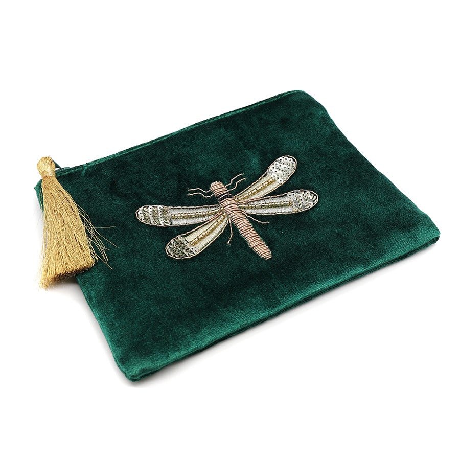 Emerald Green Velvet Embroidered Dragonfly Purse | The Jewellery Stop