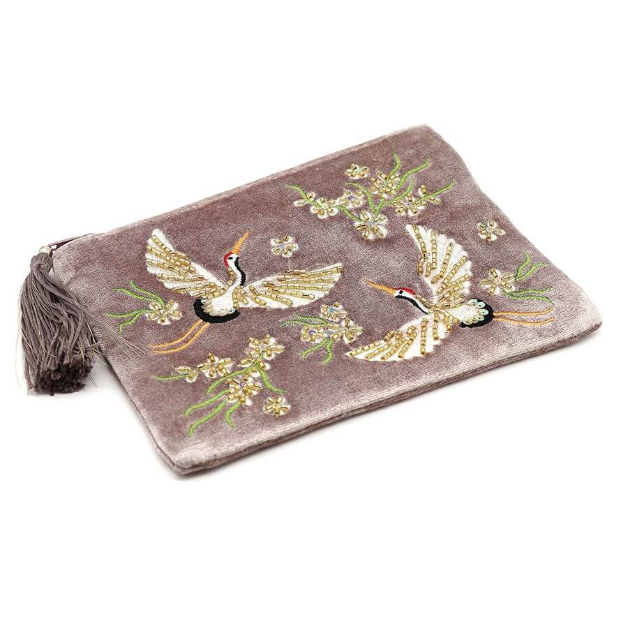 Mink Velvet Embroidered Crane Purse | The Jewellery Stop