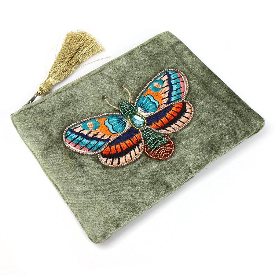 Sage Velvet Embroidered Moth Purse | The Jewellery Stop