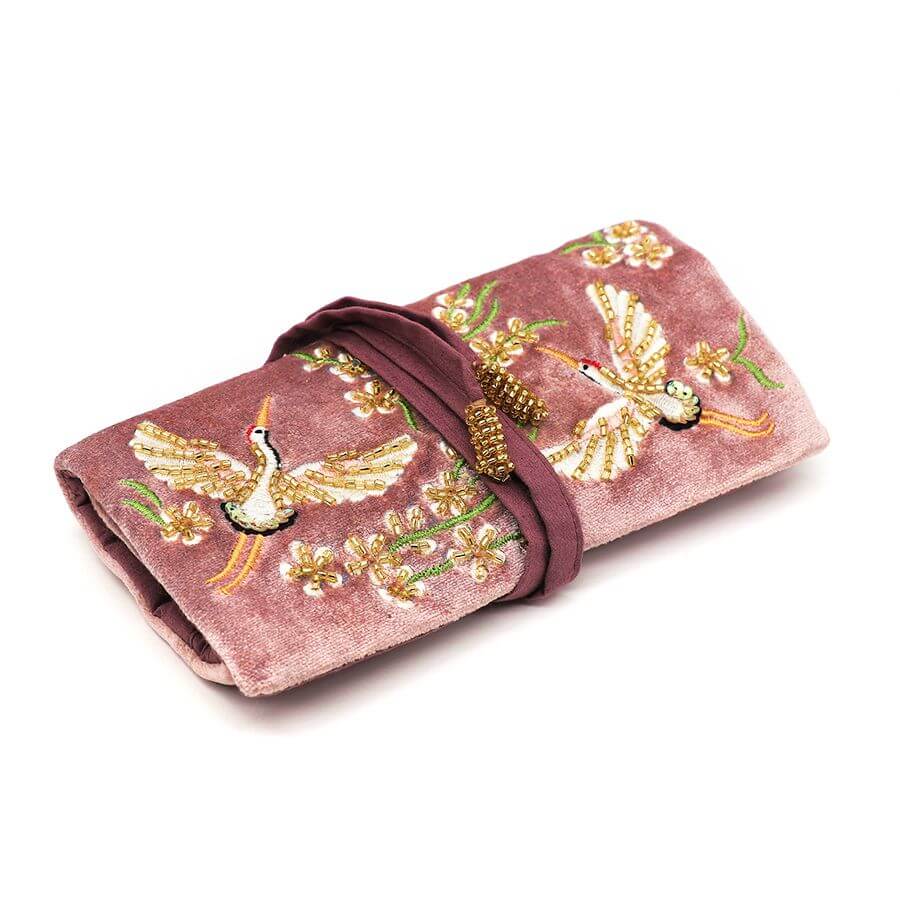 Dusky Pink Velvet Embroidered Cranes Jewellery Roll | The Jewellery Stop