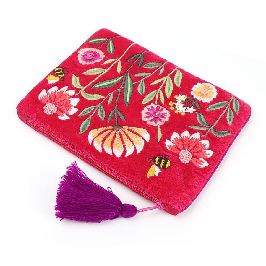 Fuchsia Velvet Embroidered Floral Purse | The Jewellery Stop