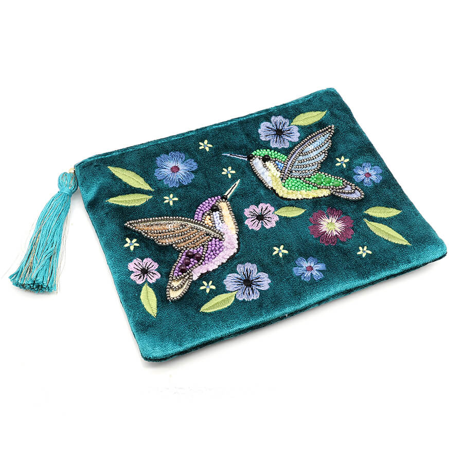Teal Velvet Purse With Hummingbird Embroidery | The Jewellery Stop