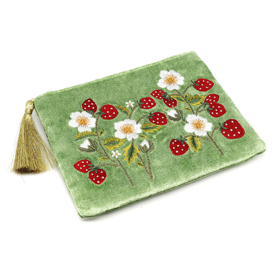 Green Velvet Purse With Strawberry Embroidery | The Jewellery Stop