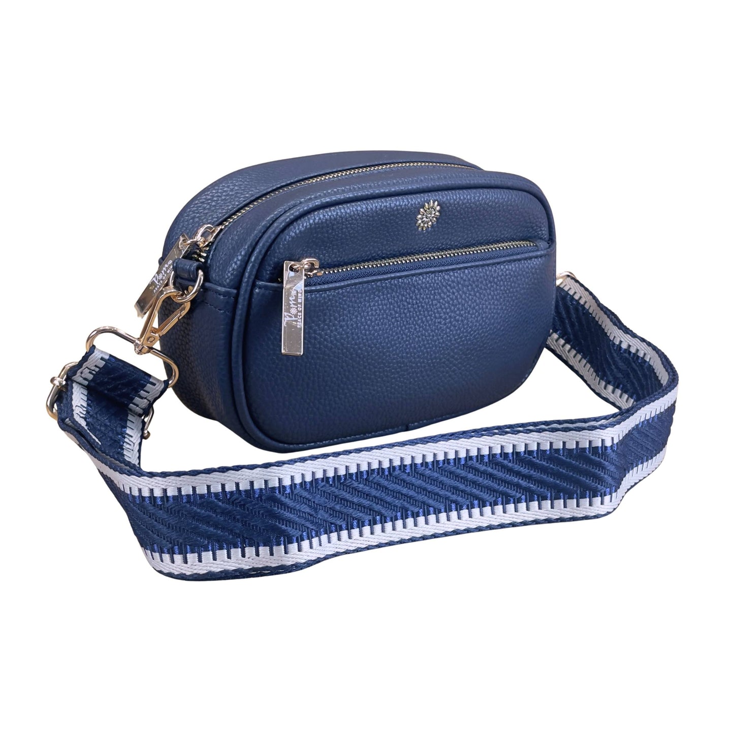 Navy Vegan Leather Camera Bag With Removable Strap