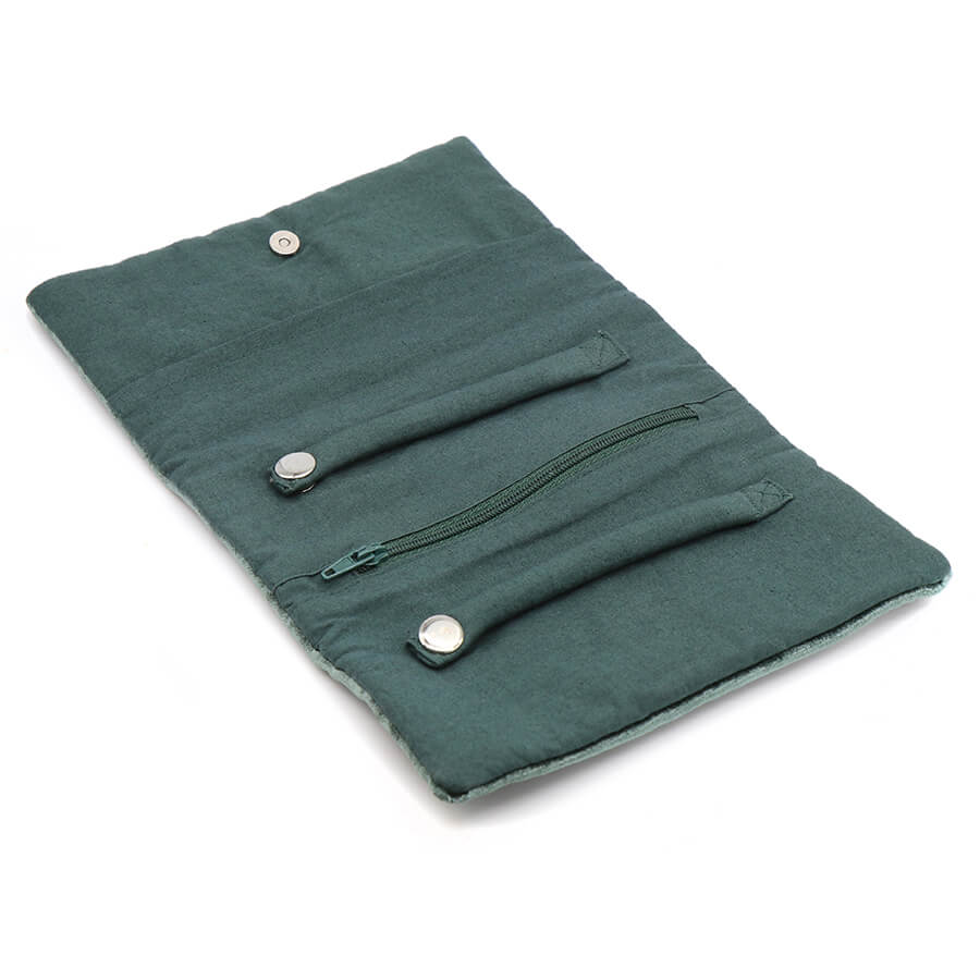 Midnight Green Velvet Jewellery Roll With Embroidered Leaping Hare | The Jewellery Stop