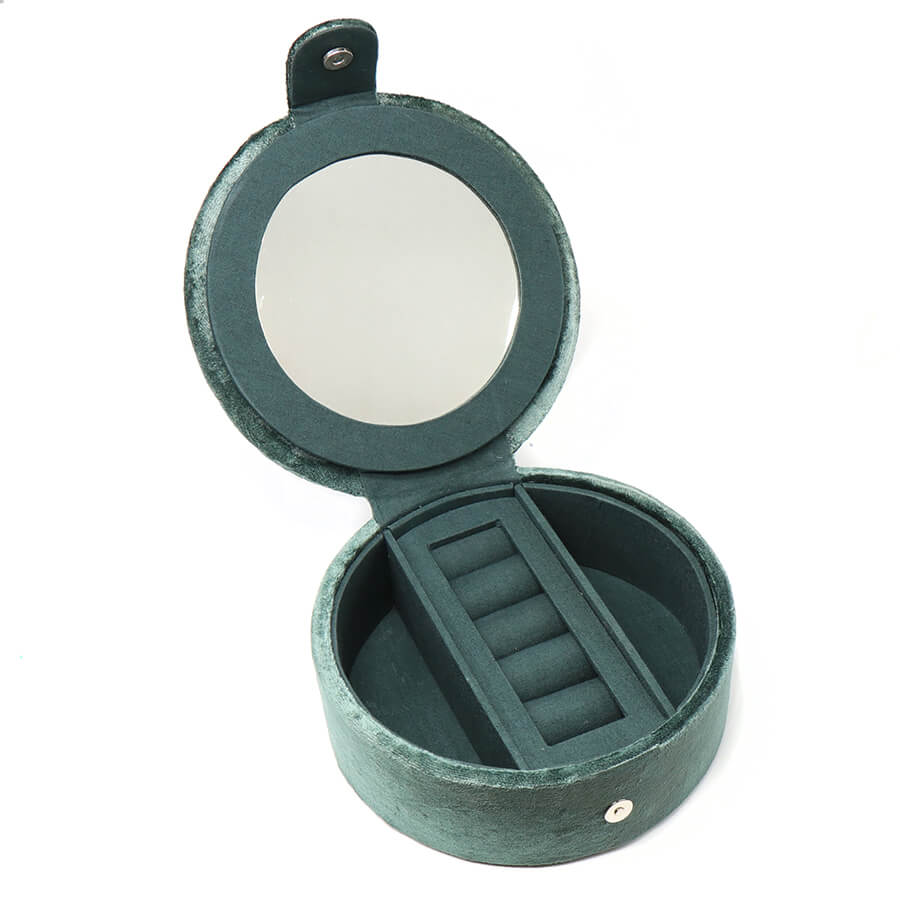 Midnight Green Round Velvet Jewellery Box With Embroidered Leaping Hare | The Jewellery Stop
