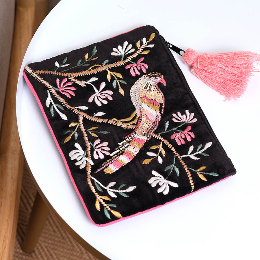 Black Velvet Purse With Embroidered Bird Of Paradise | The Jewellery Stop