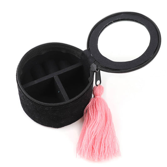 Black Velvet Round Trinket Box With Embroidered Floral Pattern