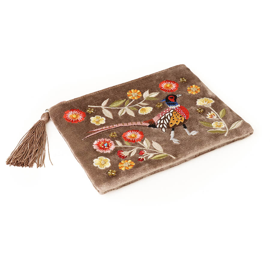 Fawn Velvet Purse With Embroidered Pheasant | The Jewellery Stop