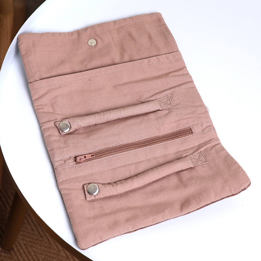 Fawn Velvet Jewellery Roll With Embroidered Pheasant