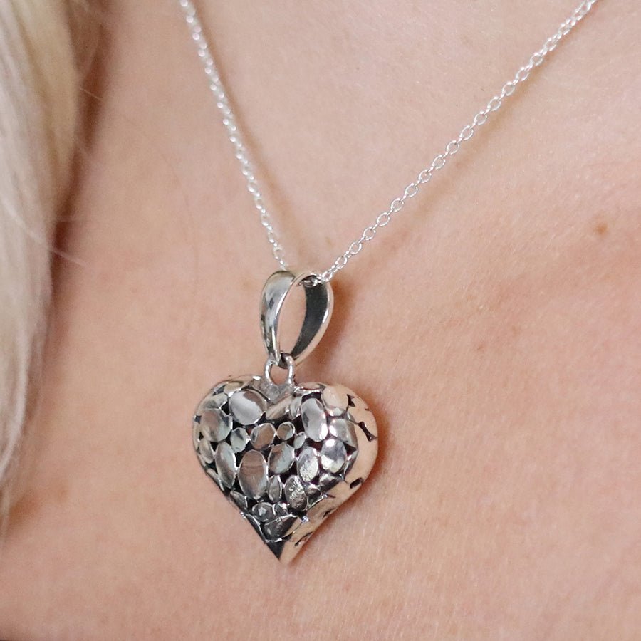 Sterling Silver Pebble Puff Heart Pendant On Chain | The Jewellery Stop