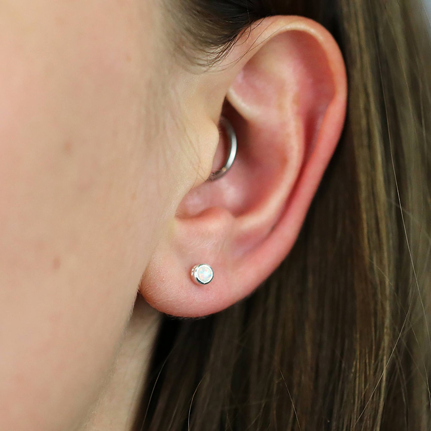 Tiny Sterling Silver Round White Opal Studs | The Jewellery Stop