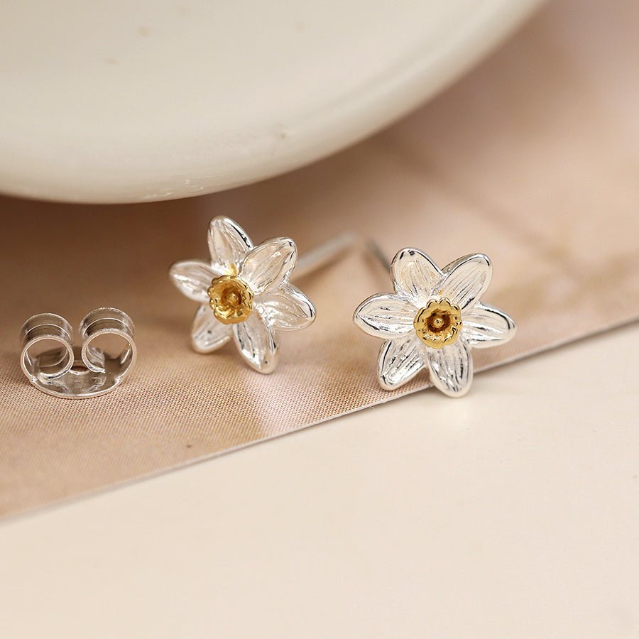 Two Tone Sterling Silver Daffodil Stud Earrings | The Jewellery Stop