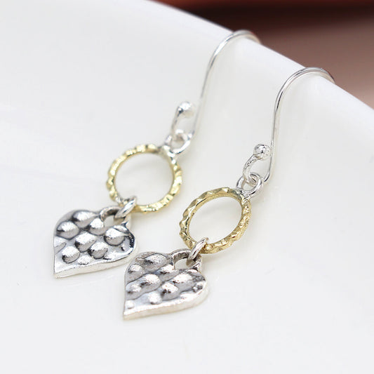 Hammered Brass Hoop And Sterling Silver Heart Drop Earrings