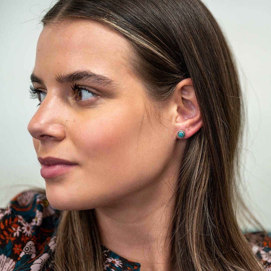 Dotted sterling silver round turquoise stud earrings | The Jewellery Stop