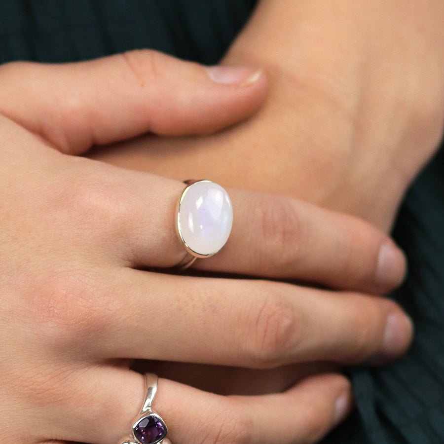 Sterling Silver Rainbow Moonstone Oval Ring | The Jewellery Stop