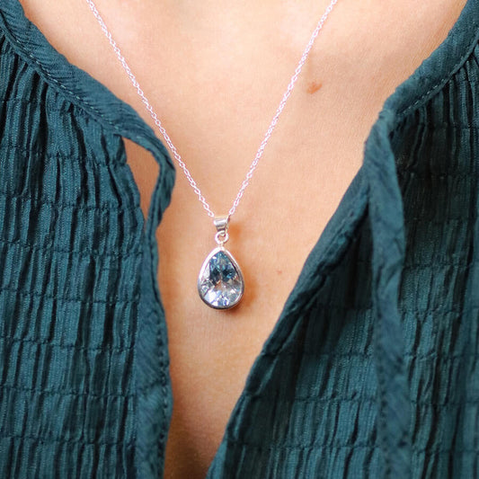 Teardrop Sterling Silver Faceted Blue Topaz Pendant On Chain