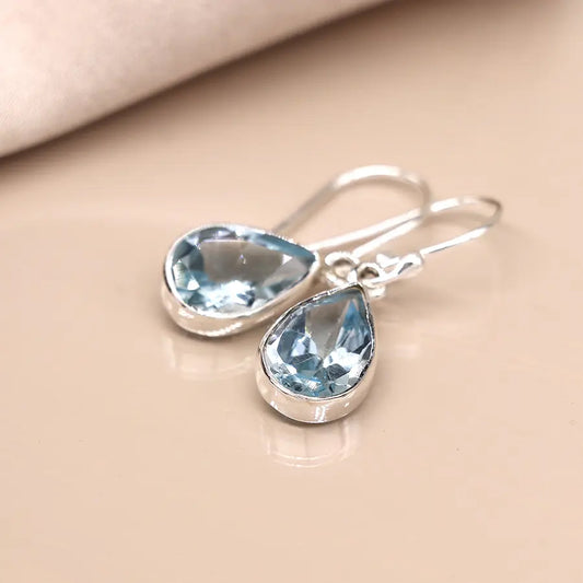 Teardrop Sterling Silver Facetted Blue Topaz Fish Hook Earrings