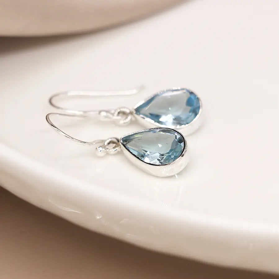 Teardrop Sterling Silver Facetted Blue Topaz Fish Hook Earrings