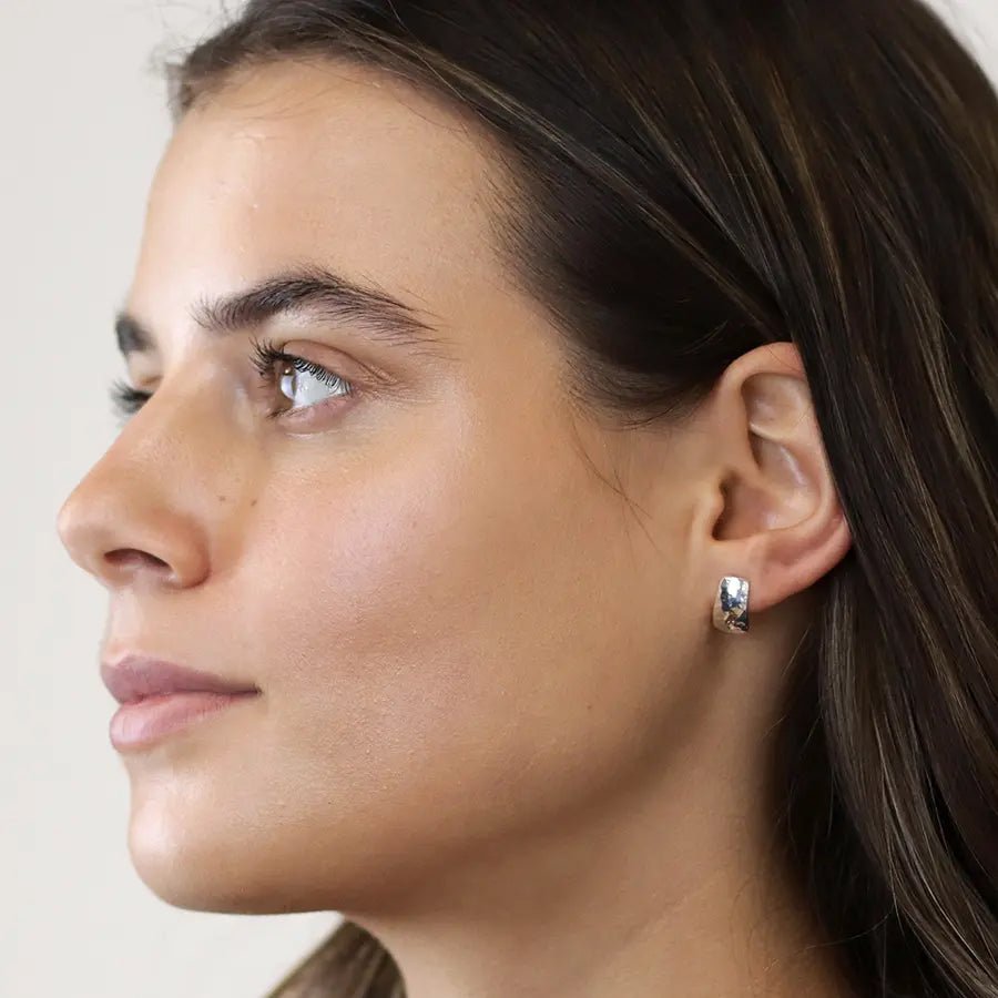 Sterling Silver Hammered Curved Rectangle Stud Earrings | The Jewellery Stop