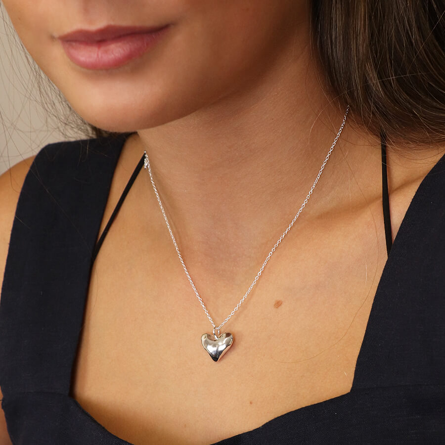 Sterling Silver Hammered Puffed Heart Pendant On Chain