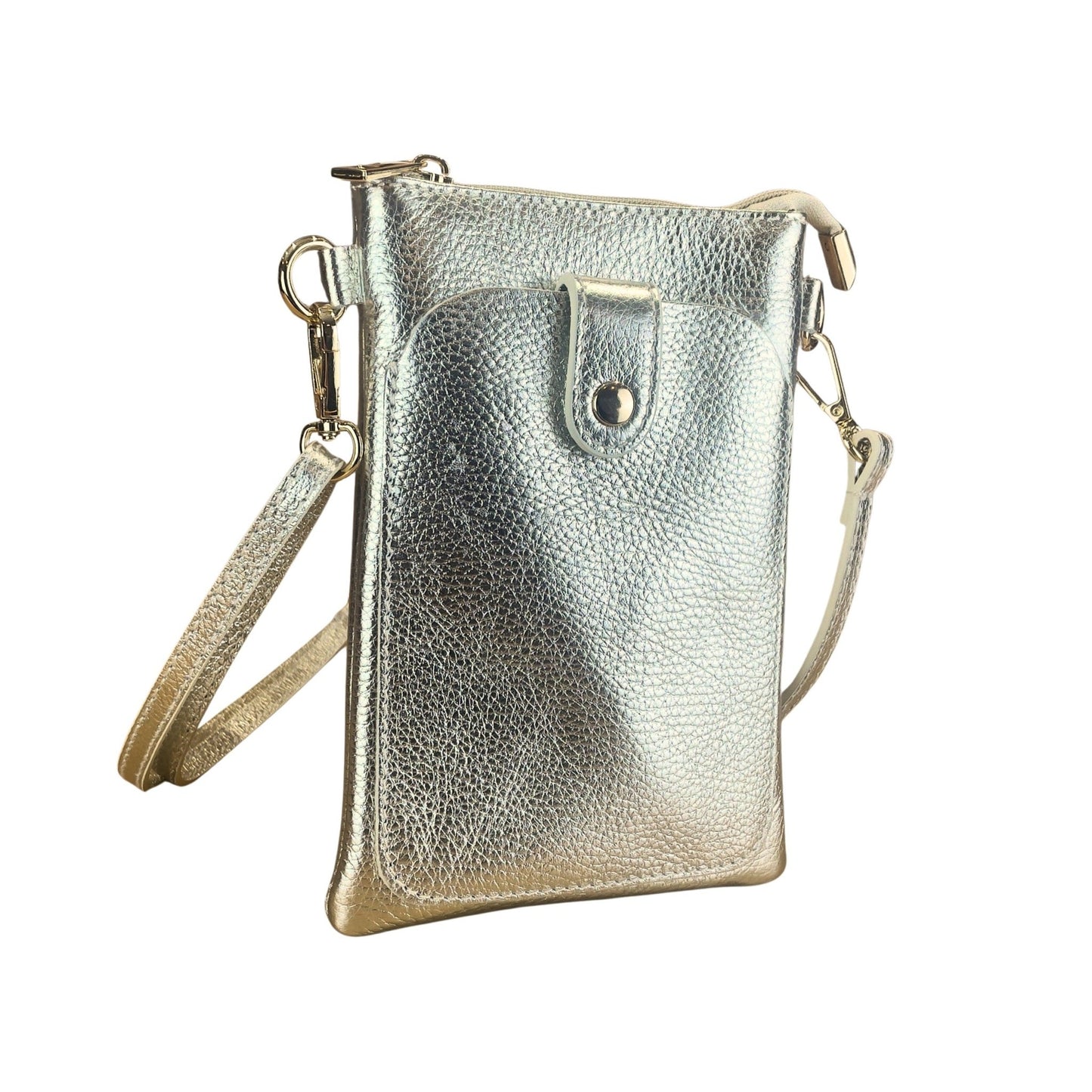 Champagne Gold Italian Leather Phone Pouch Crossbody Bag | The Jewellery Stop