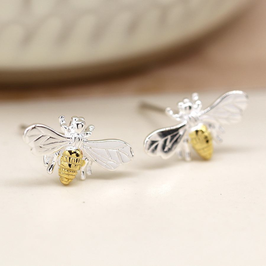 Two Tone Sterling Silver Bee Stud Earrings | The Jewellery Stop