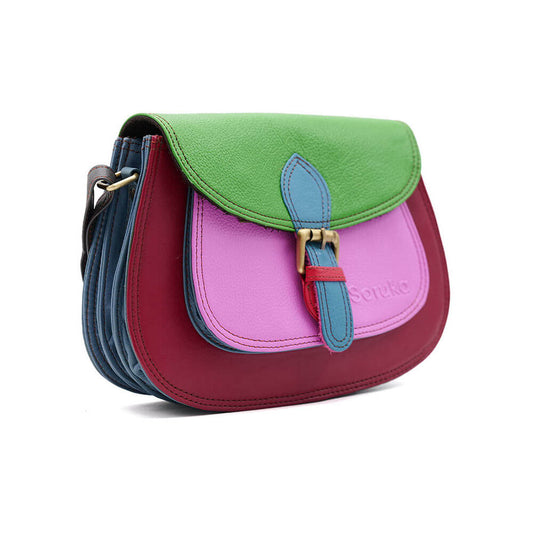 Burgundy, Green And Pink Large Leather Crossbody Bag
