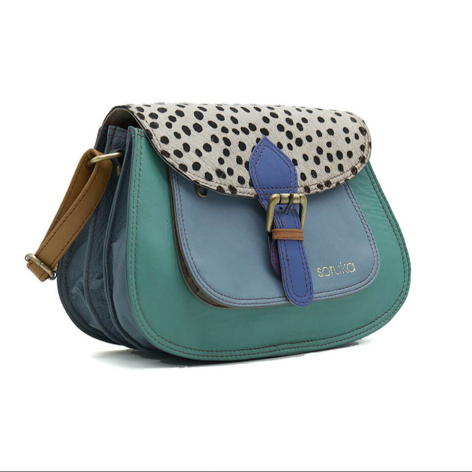 Teal Mix With Animal Print Large Leather Crossbody Bag | The Jewellery Stop