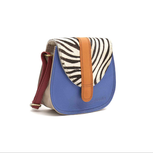 Blue, Tan And Zebra Print Mini Leather Crossbody Bag
