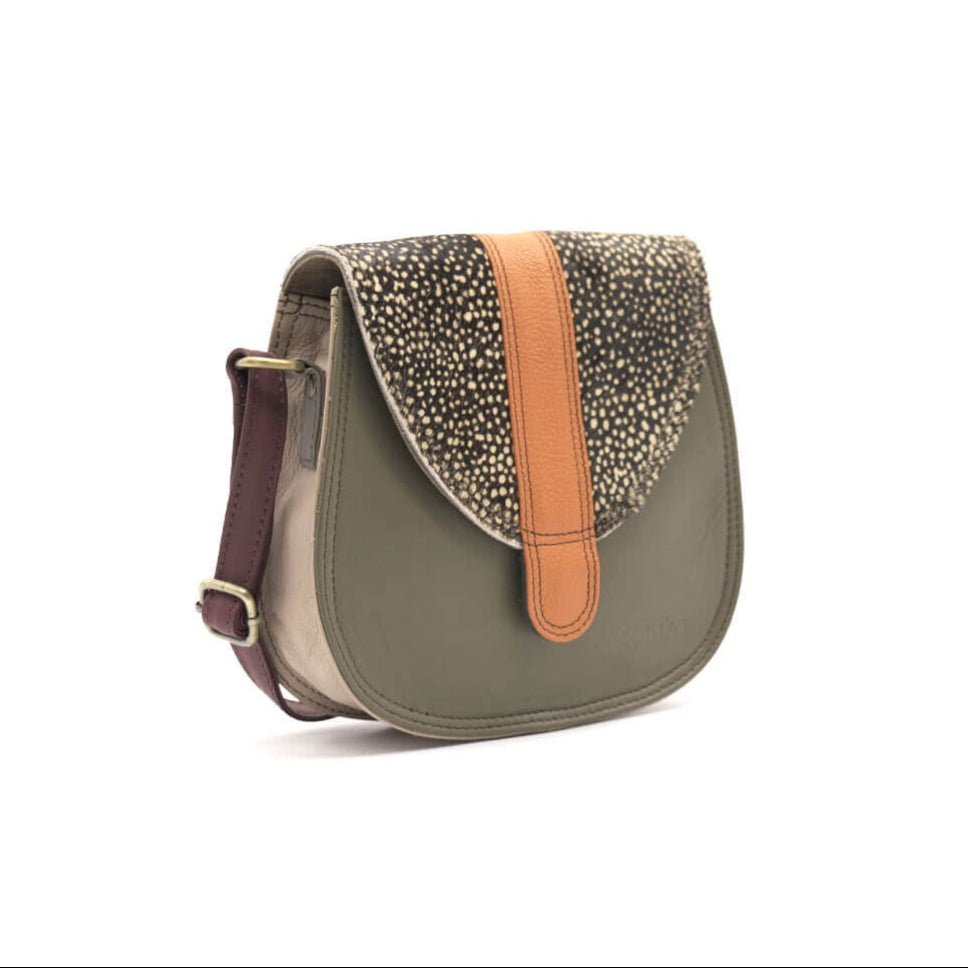 Olive, Tan And Speckled Animal Print Mini Leather Crossbody Bag | The Jewellery Stop