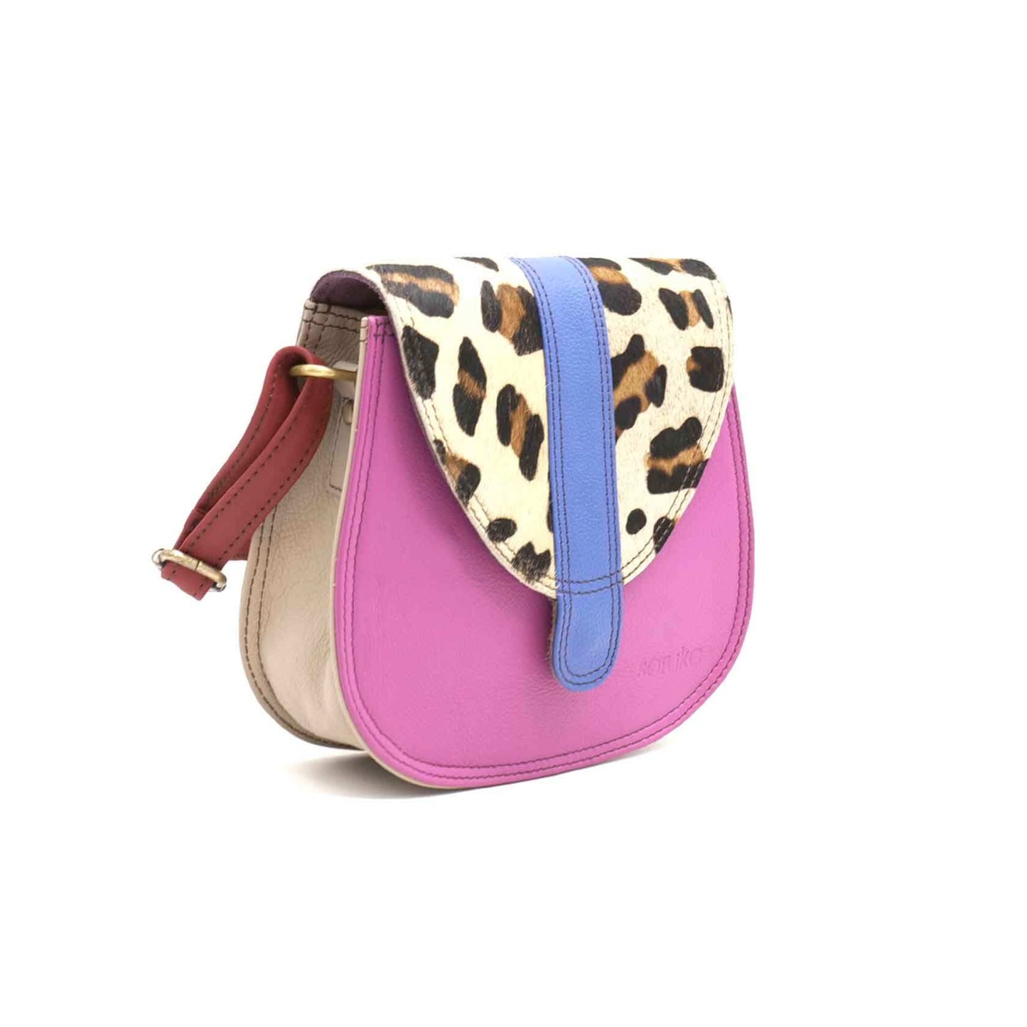 Pink, Blue And Animal Print Mini Leather Crossbody Bag | The Jewellery Stop