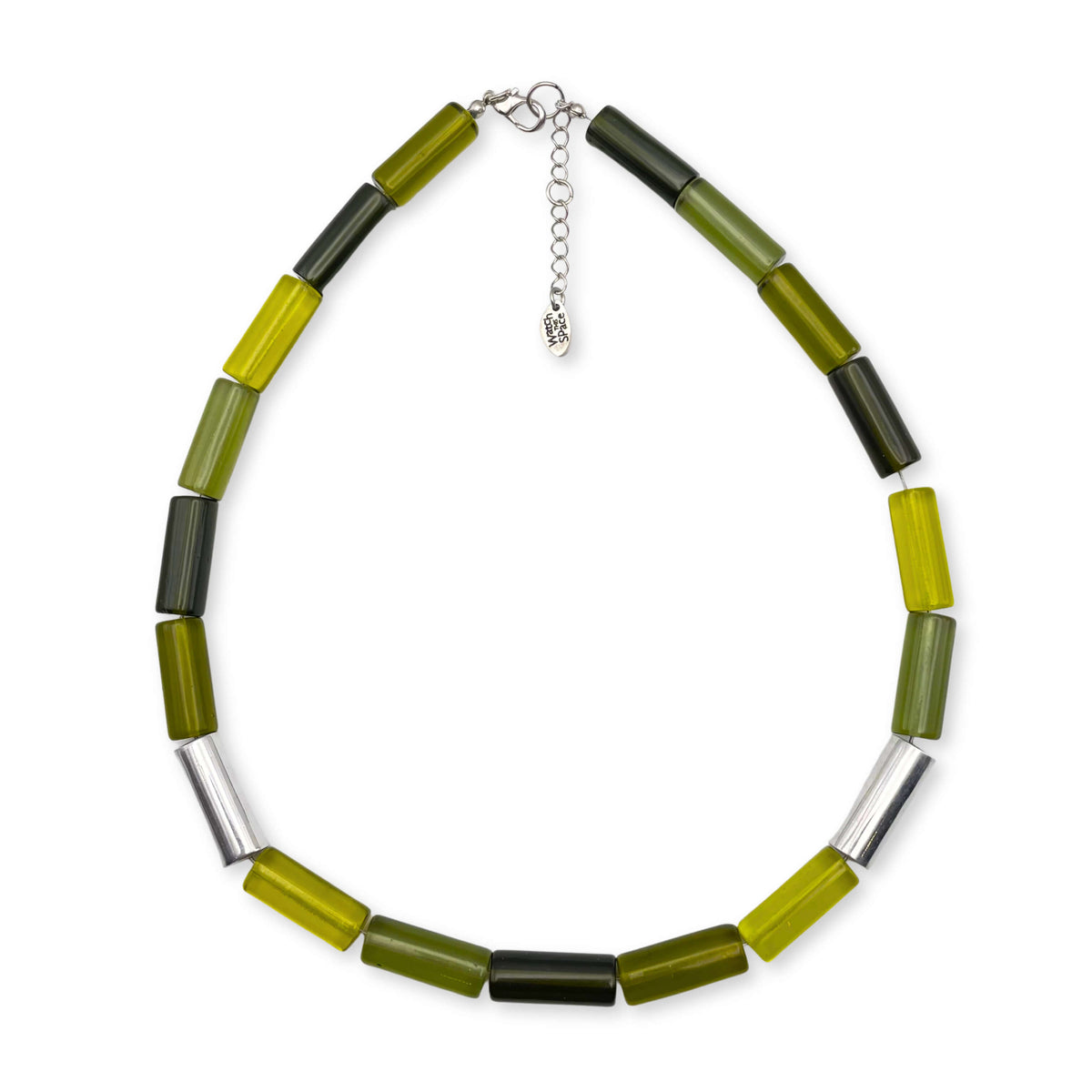 Green Resin and Pewter Tubes Necklace