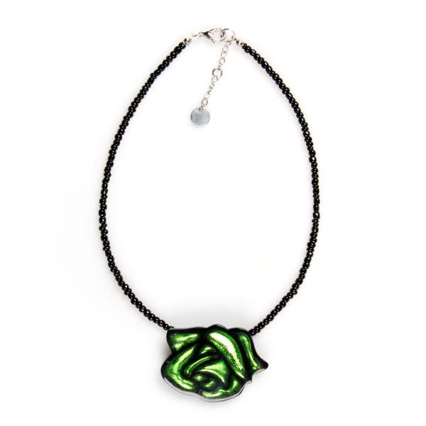 Green Rose Classic Pendant on Glass Beads