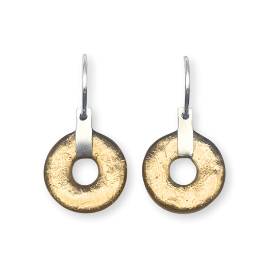 Gold Doughnut on Pewter Creole Earrings
