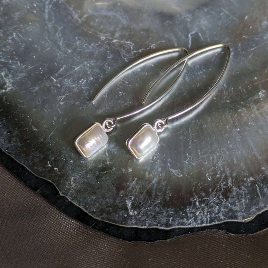 Rectangle Freshwater Pearl Sterling Silver Drop Hook Earrings | The Jewellery Stop