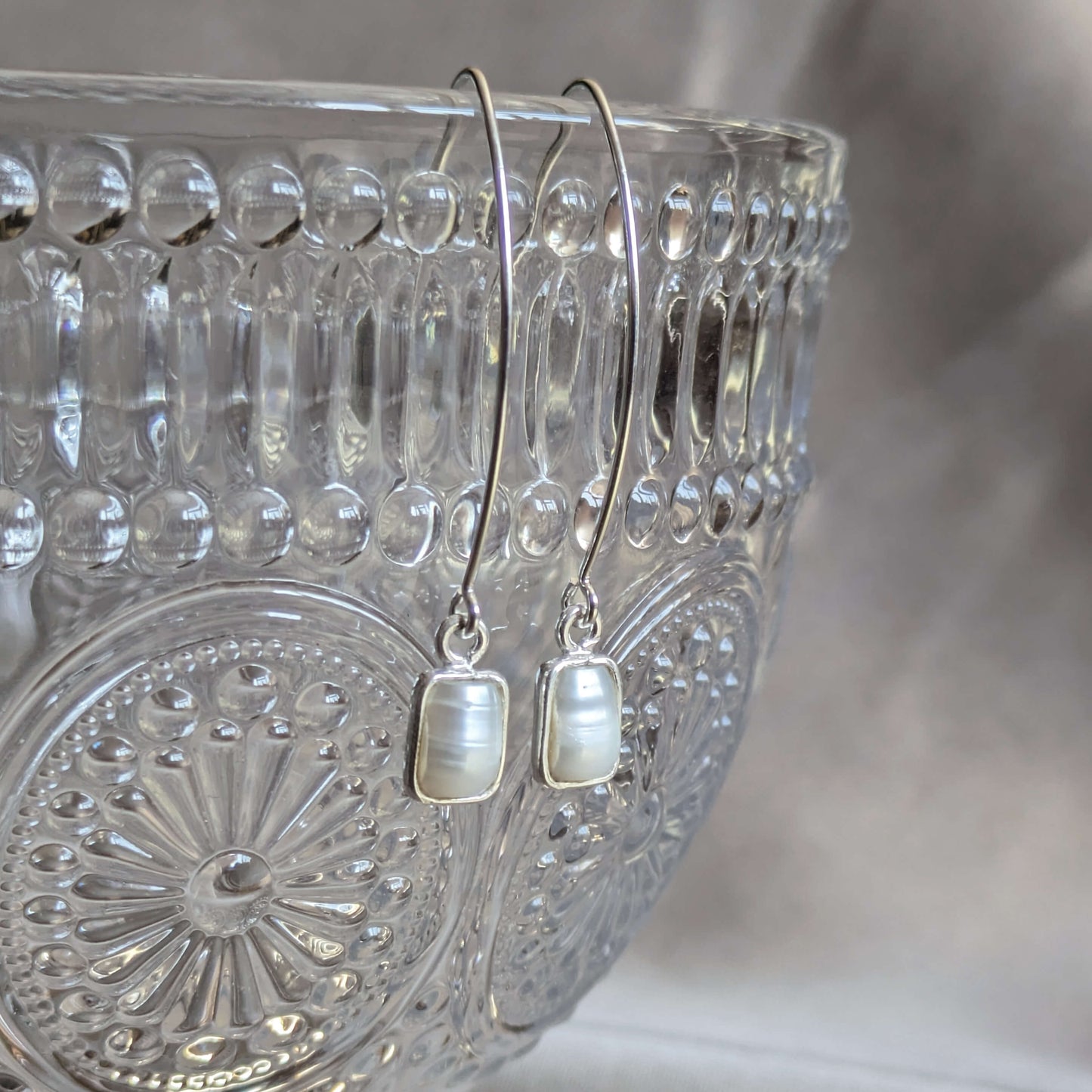 Rectangle Freshwater Pearl Sterling Silver Drop Hook Earrings